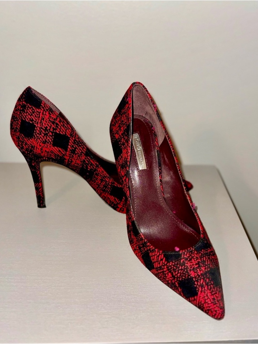 BCBGeneration Red and Black Plaid Pointed-Toe Stiletto Pumps